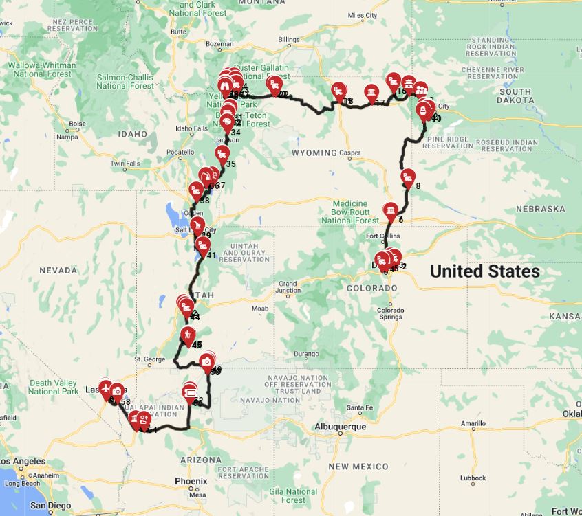 RV trip planner wizard for a trip route from Denver to Las Vegas